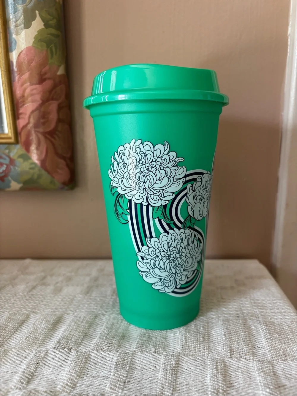 Starbucks Green Floral Plastic Hot to Go Travel Cup with Lid